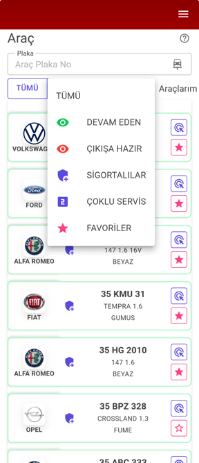 Servisteki araçlar ekranı