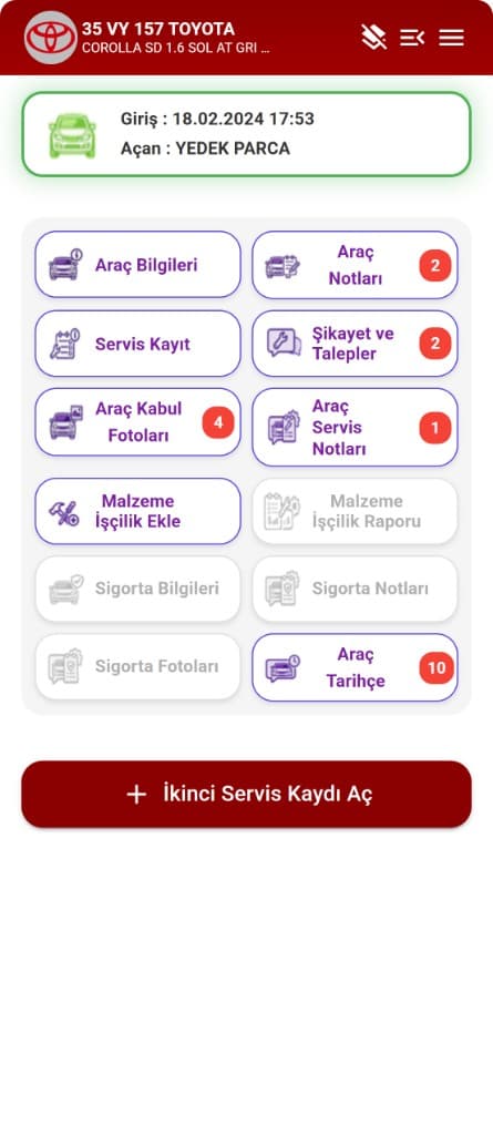 Araç işlem menüsü ekranı