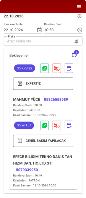 Araç randevuları ekranı