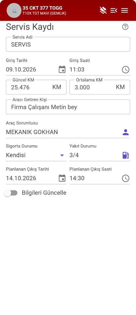 Servis kaydı ekranı