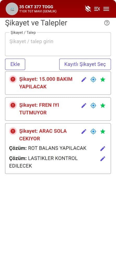 Şikayet ve talepler ekranı